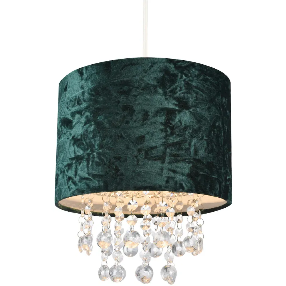 Crushed Velvet Pendant Shade with Acrylic Droplets - Green