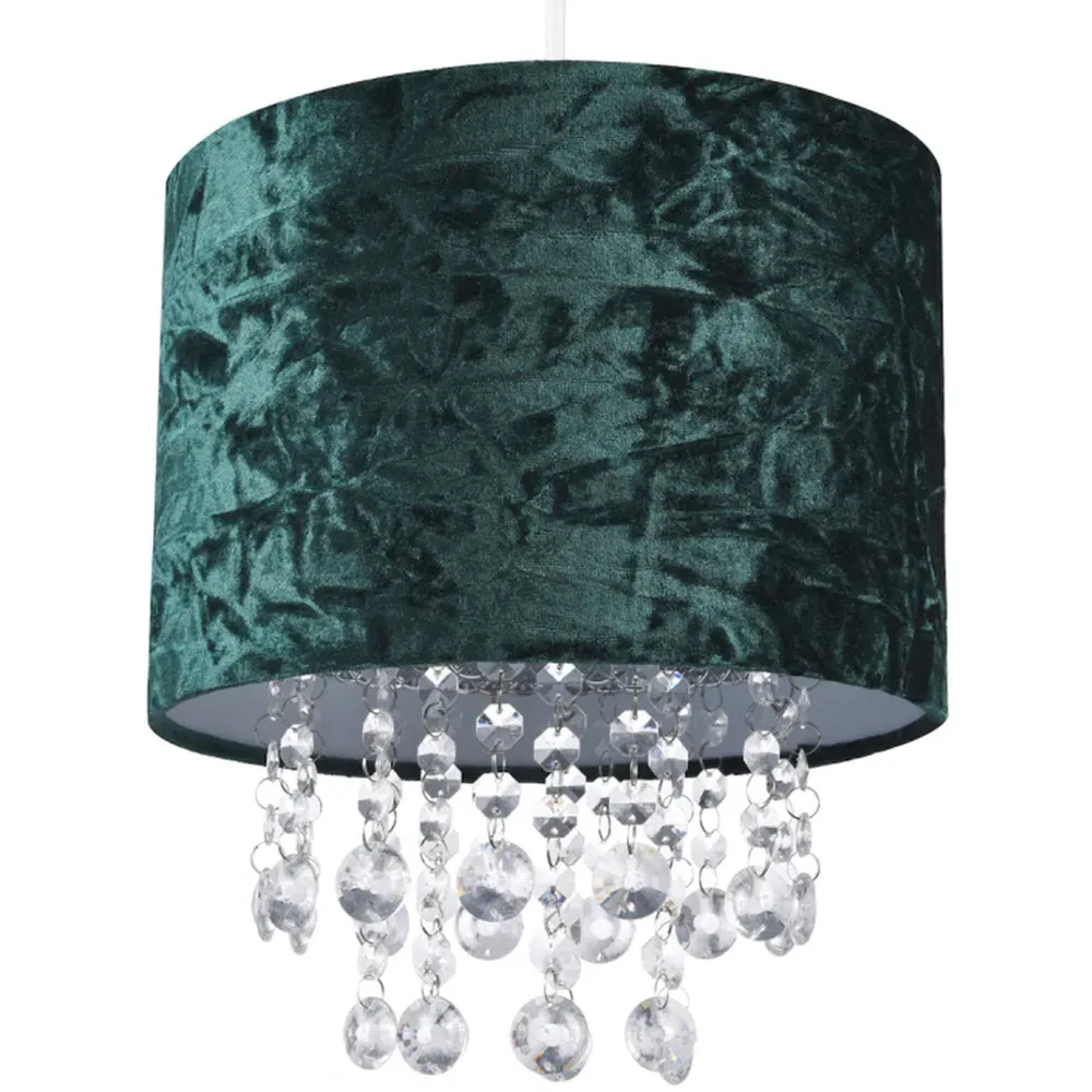 Crushed Velvet Pendant Shade with Acrylic Droplets - Green