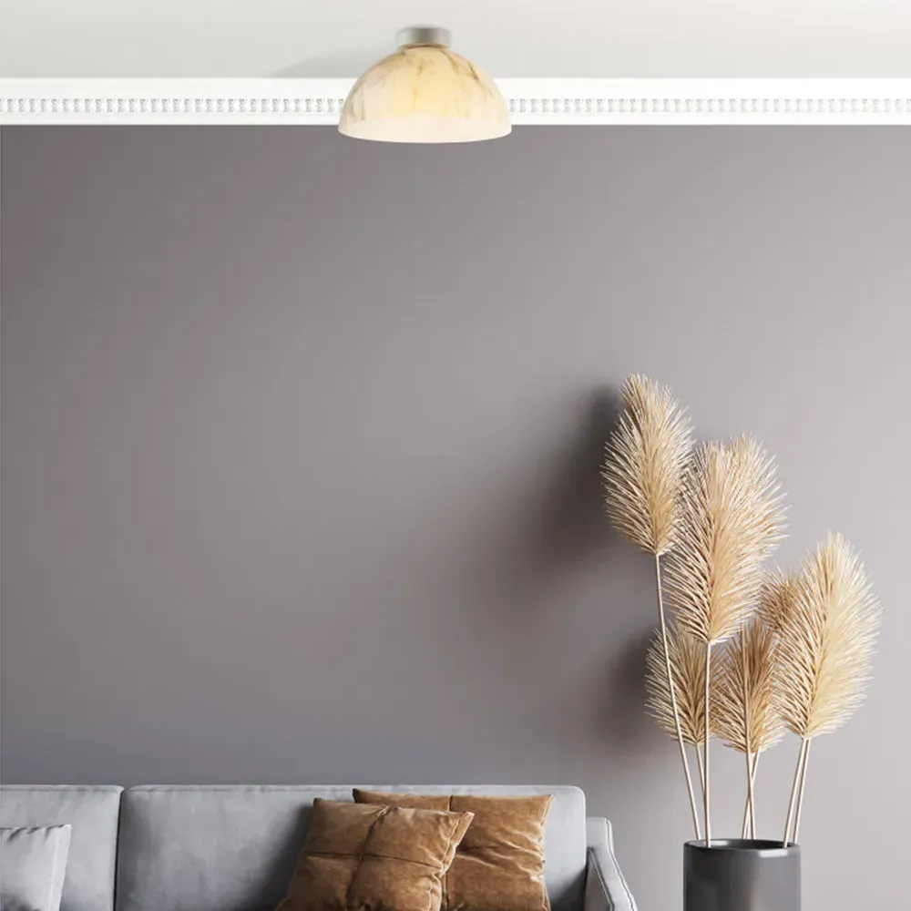 Domed Glass Ceiling Light with Backplate - White, Marble Effect