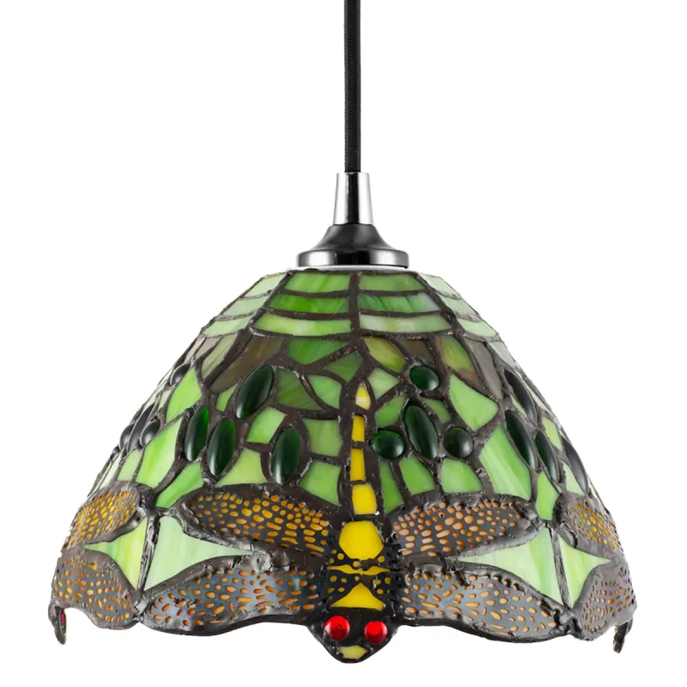 Dragonfly Tiffany Pendant Light Shade - Green, Stained Glass image
