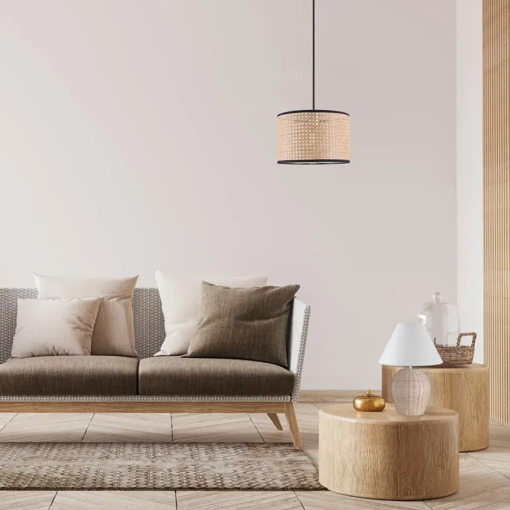 Drum Pendant Shade with Cotton Trims - Brown, Rattan Wicker