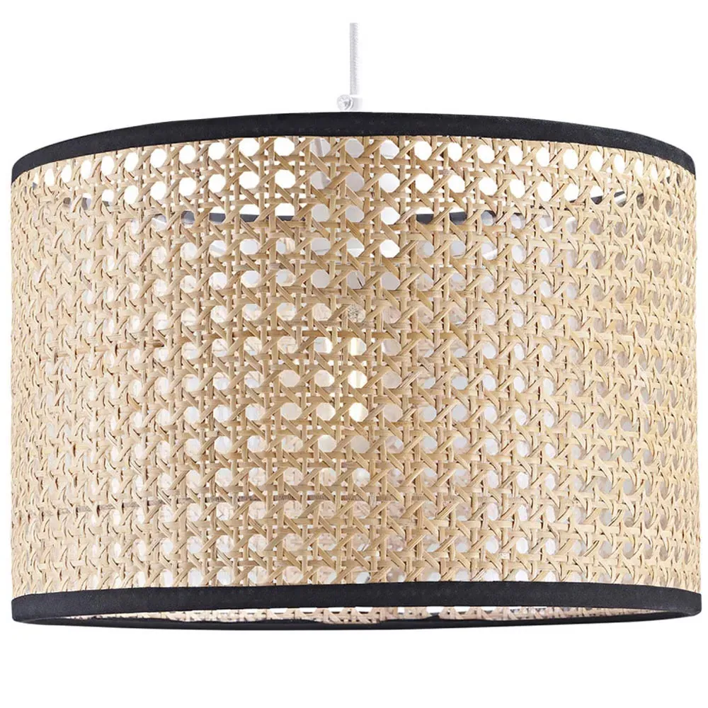 Drum Pendant Shade with Cotton Trims - Brown, Rattan Wicker