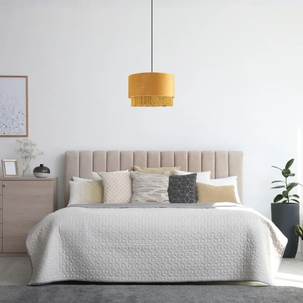 Drum Pendant Shade with Tassels - Ochre Mustard, Velvet