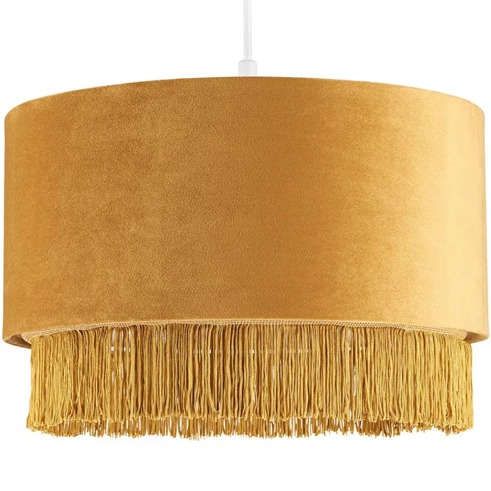 Drum Pendant Shade with Tassels - Ochre Mustard, Velvet image