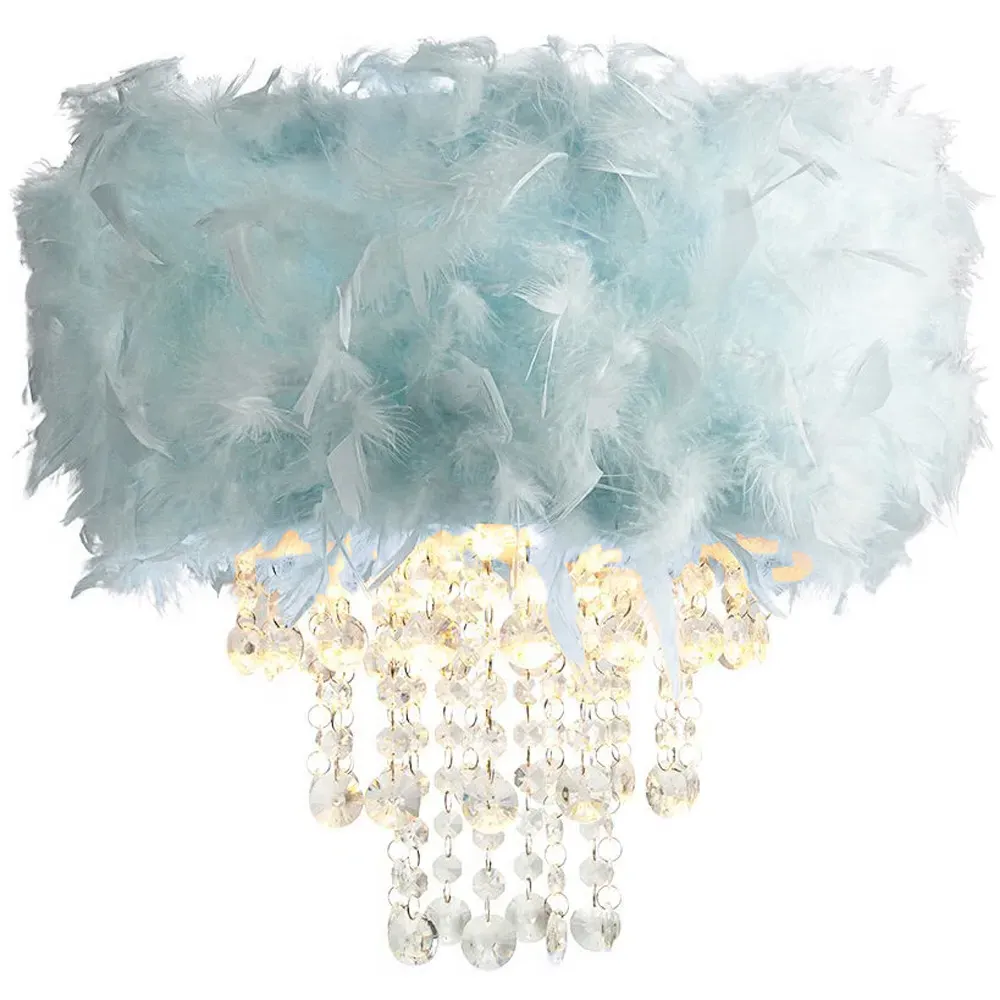 Feather Drum Pendant Shade with Acrylic Droplets - Duck Egg