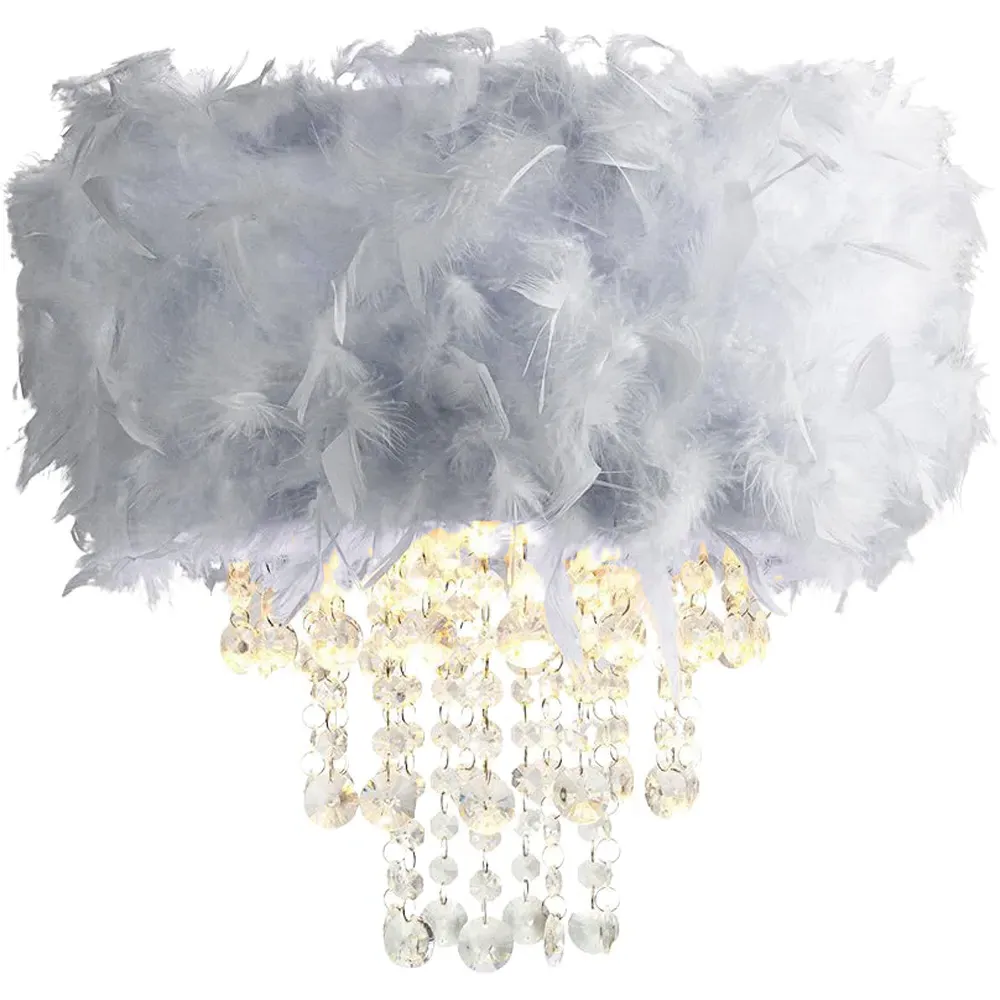 Feather Drum Pendant Shade with Acrylic Droplets - Grey