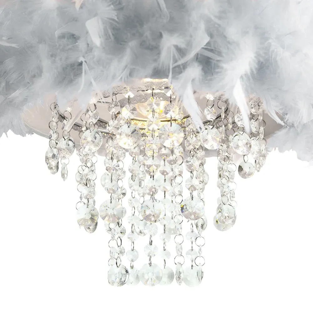 Feather Drum Pendant Shade with Acrylic Droplets - Grey