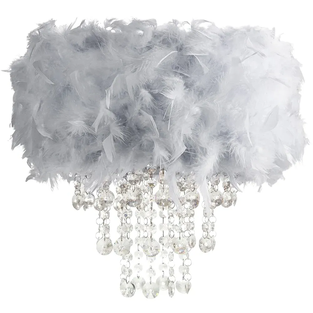Feather Drum Pendant Shade with Acrylic Droplets - Grey