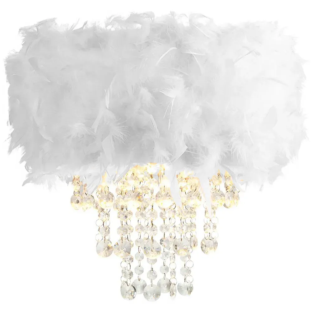 Feather Drum Pendant Shade with Acrylic Droplets - White