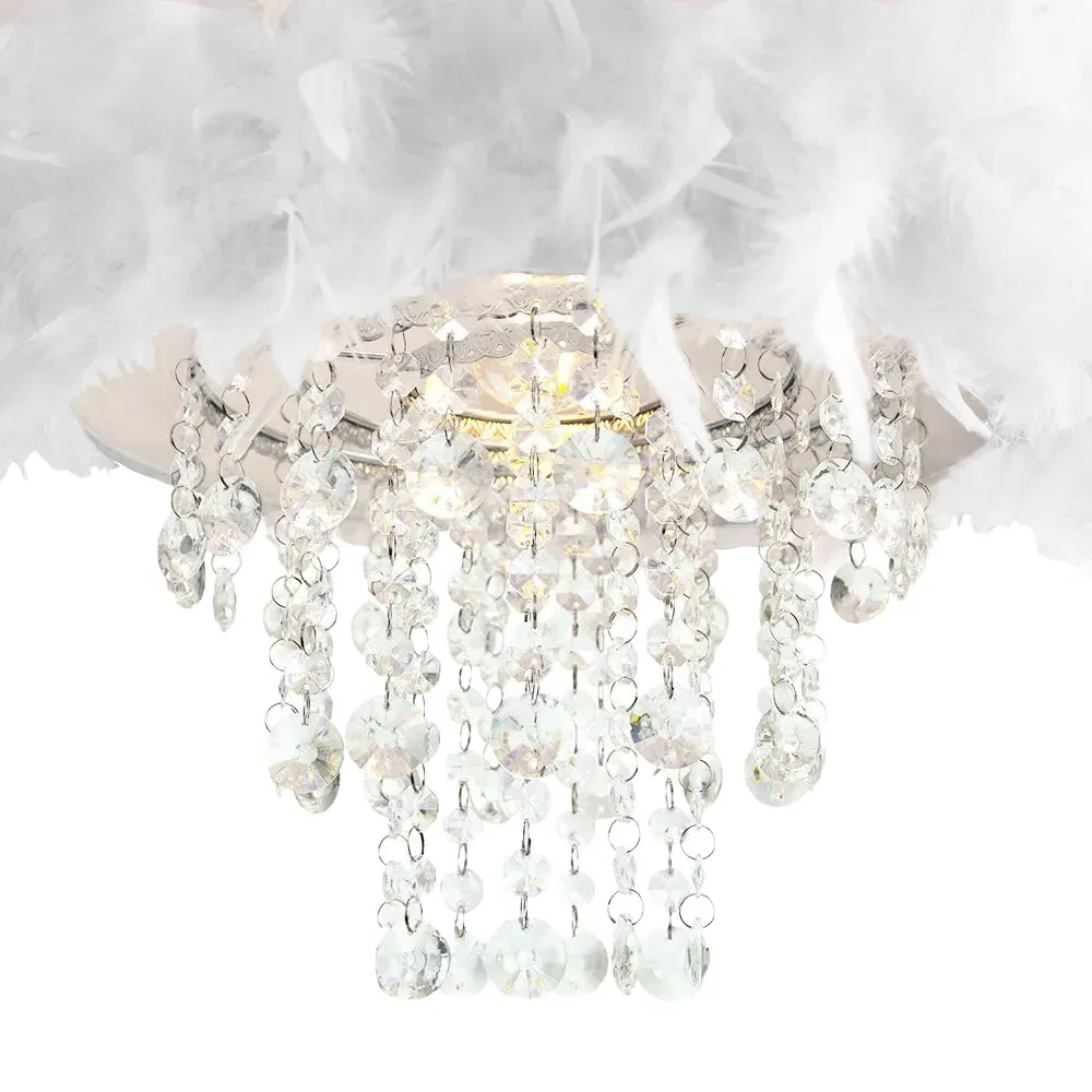 Feather Drum Pendant Shade with Acrylic Droplets - White