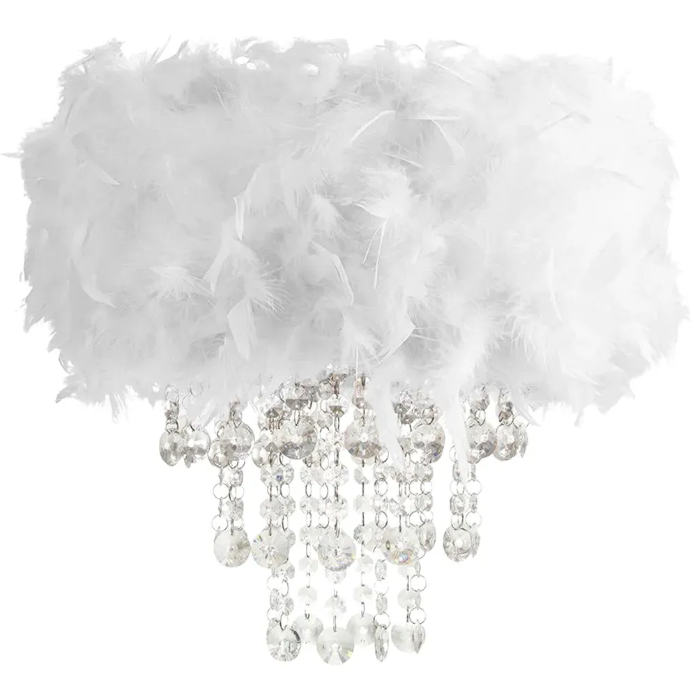 Feather Drum Pendant Shade with Acrylic Droplets - White
