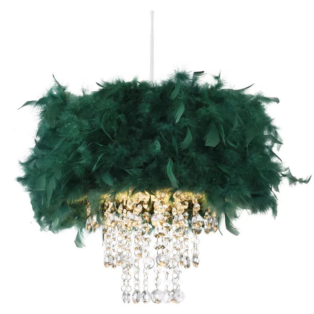 Feather Pendant Shade with Acrylic Droplets - Green