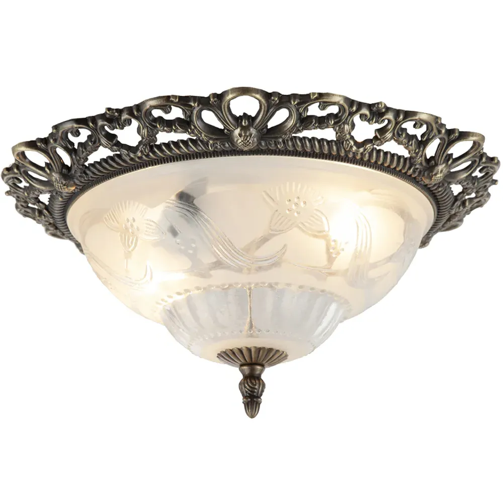 Flush Ceiling Light with Floral Glass - Gold, Antique Brass