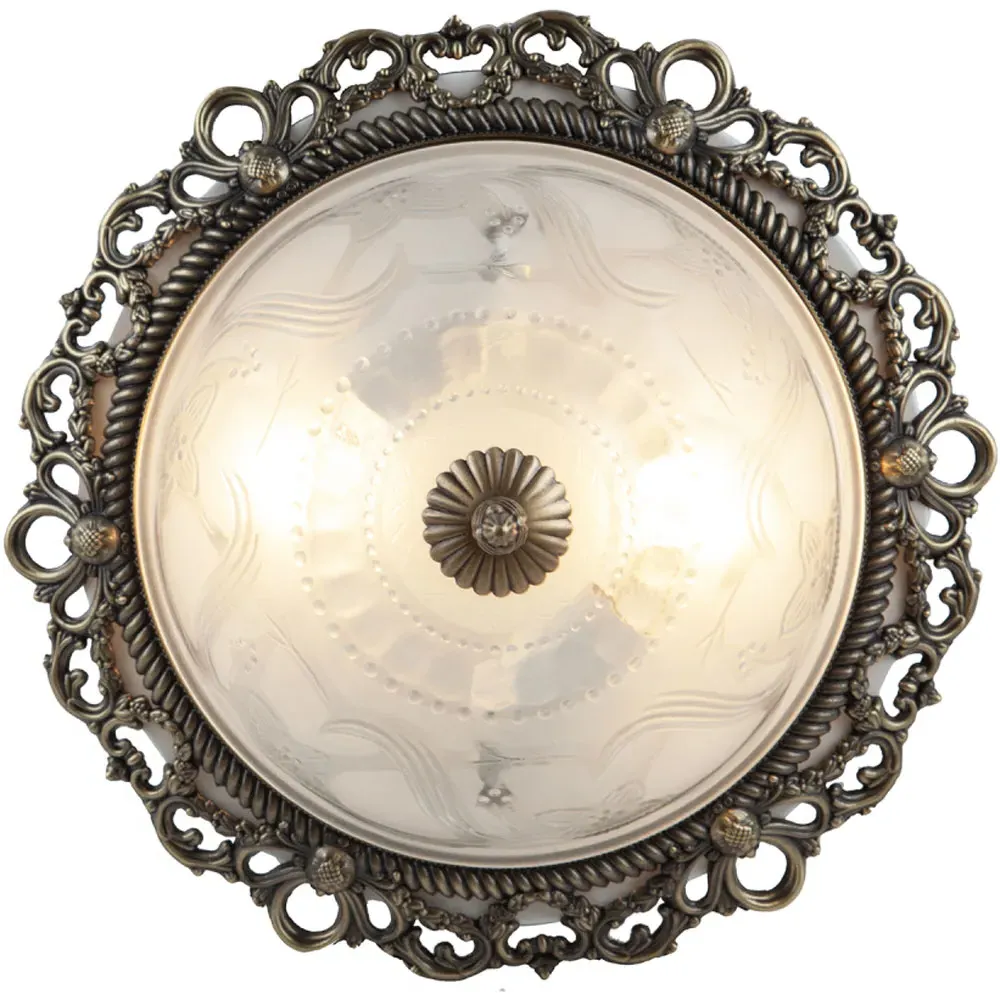 Flush Ceiling Light with Floral Glass - Gold, Antique Brass