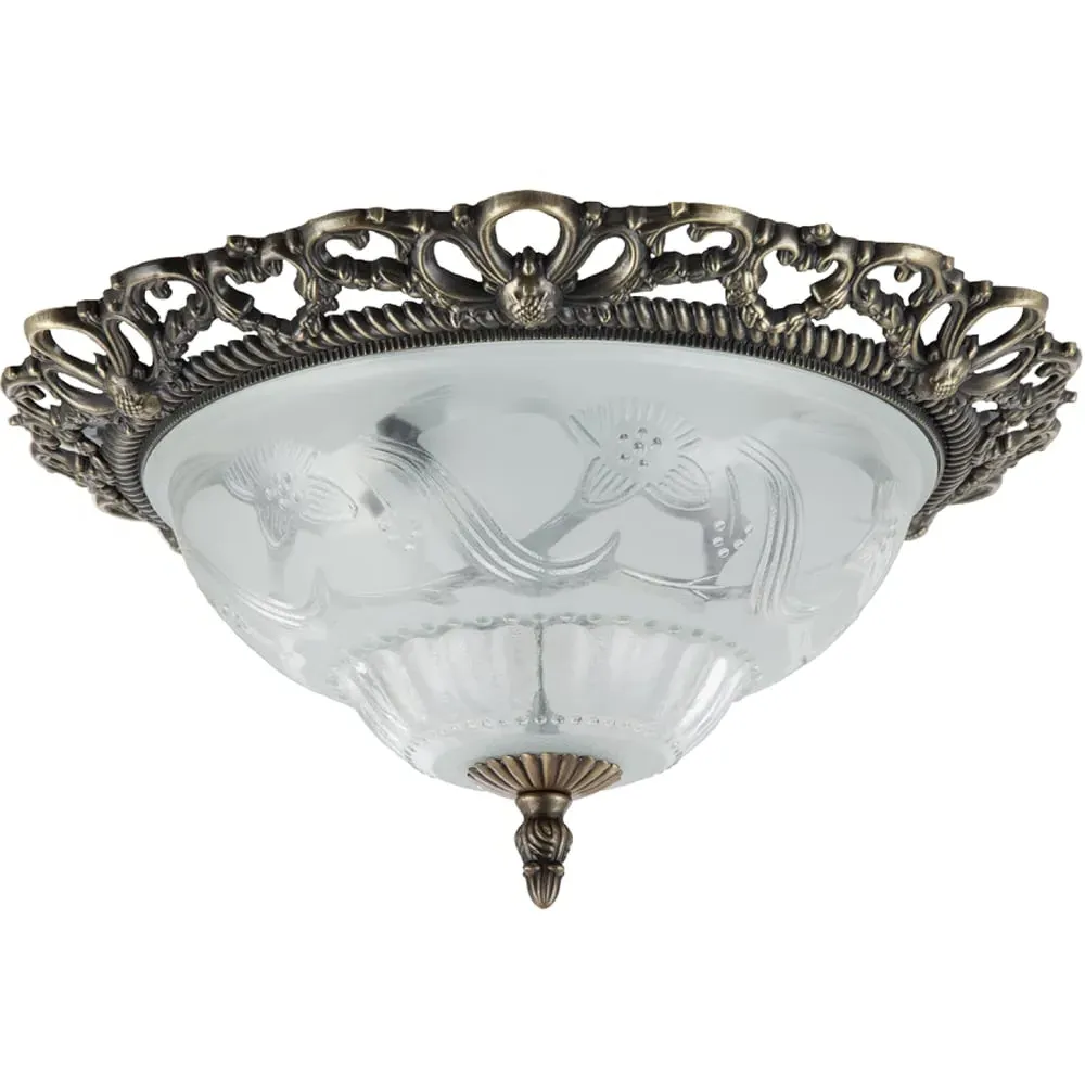 Flush Ceiling Light with Floral Glass - Gold, Antique Brass image