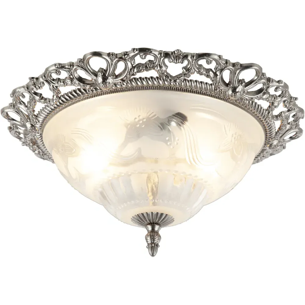 Flush Ceiling Light with Floral Glass - Silver, Satin Nickel