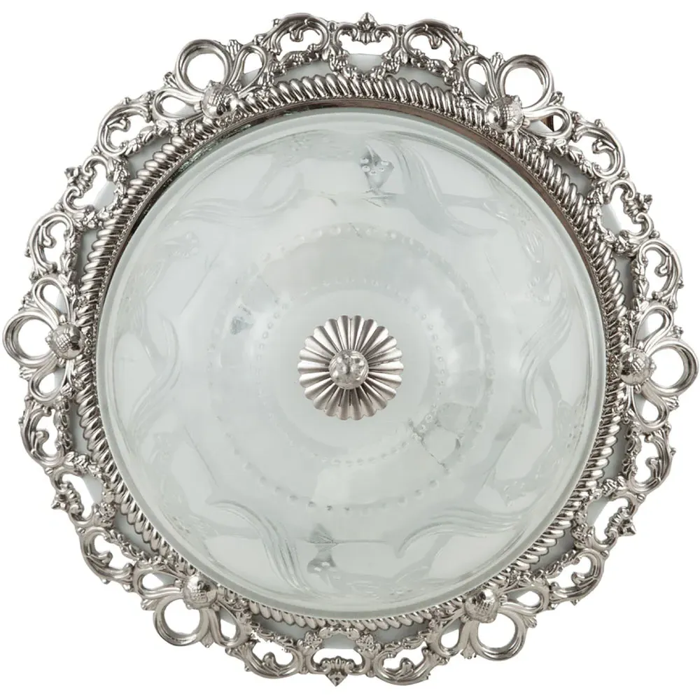 Flush Ceiling Light with Floral Glass - Silver, Satin Nickel