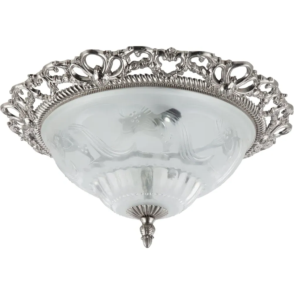 Flush Ceiling Light with Floral Glass - Silver, Satin Nickel