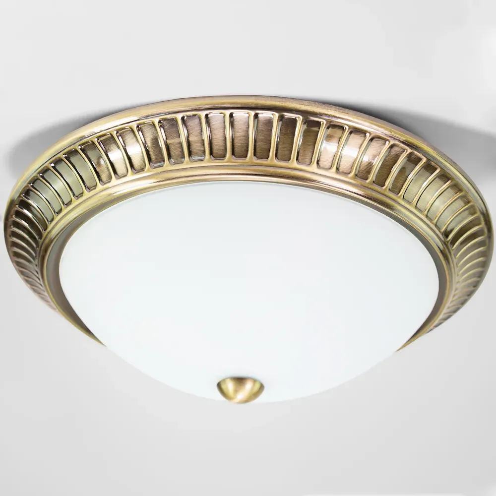Flush Ceiling Light with Opal Glass Diffuser - Antique Brass