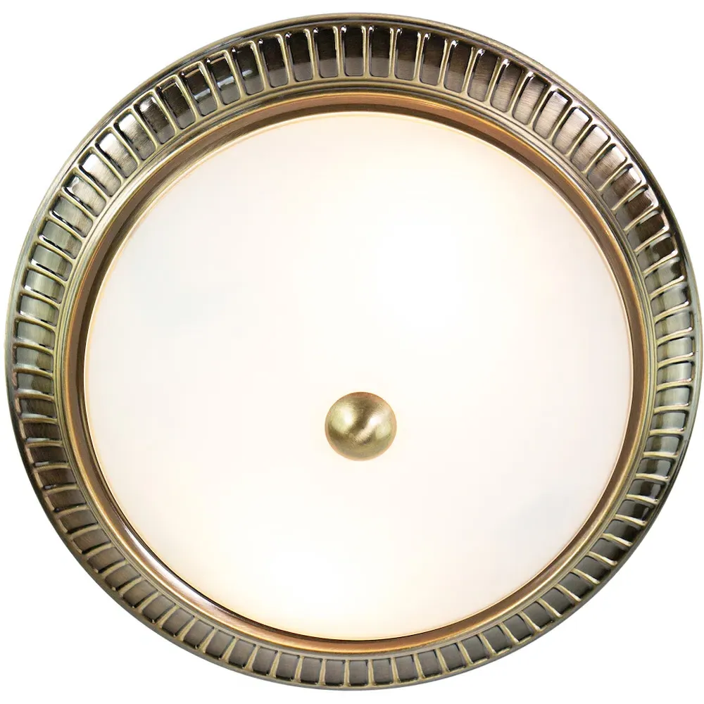 Flush Ceiling Light with Opal Glass Diffuser - Antique Brass