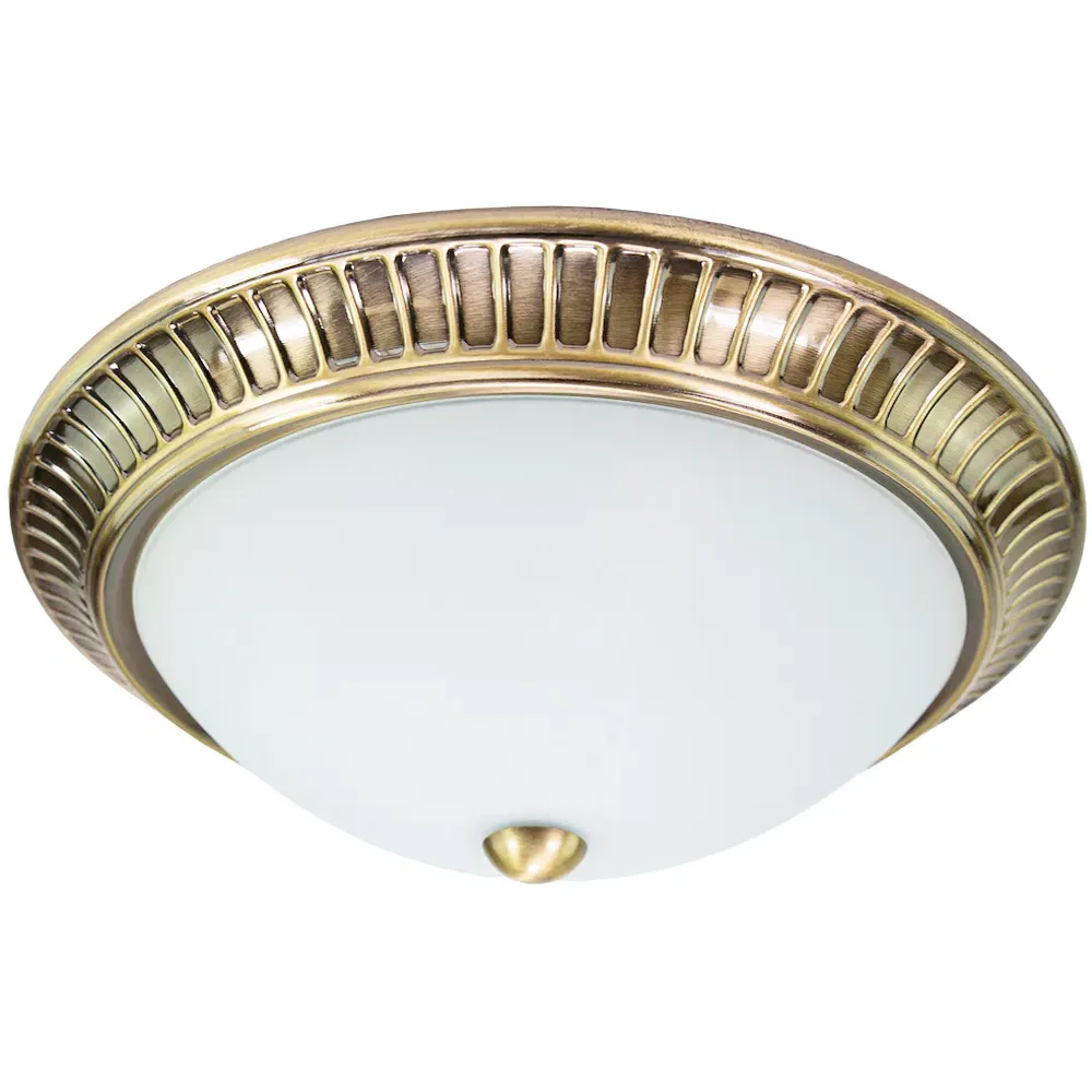 Flush Ceiling Light with Opal Glass Diffuser - Antique Brass