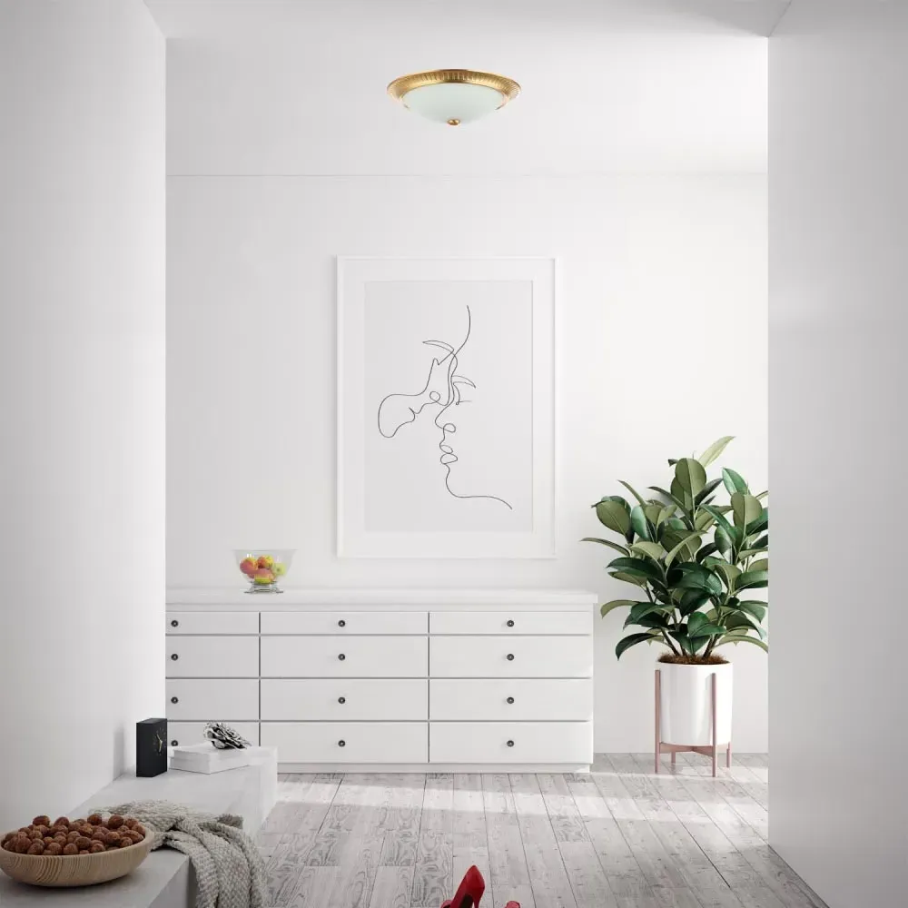 Flush Ceiling Light with Opal Glass Diffuser - Brushed Gold