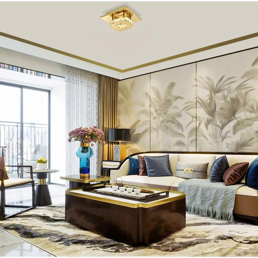 Gold Square LED Ceiling Light with Crystal Glass - Gold