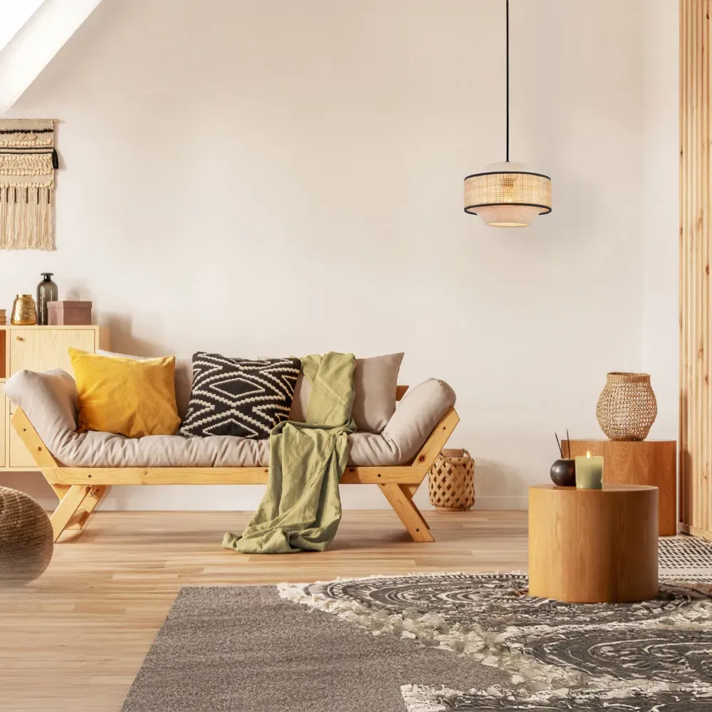 Natural Linen and Woven Rattan Pendant Ceiling Light - Brown