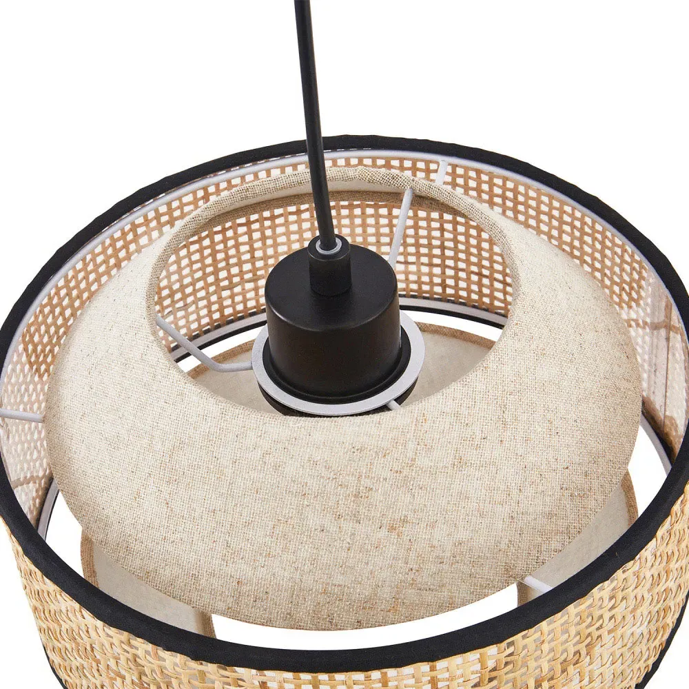 Natural Linen and Woven Rattan Pendant Ceiling Light - Brown