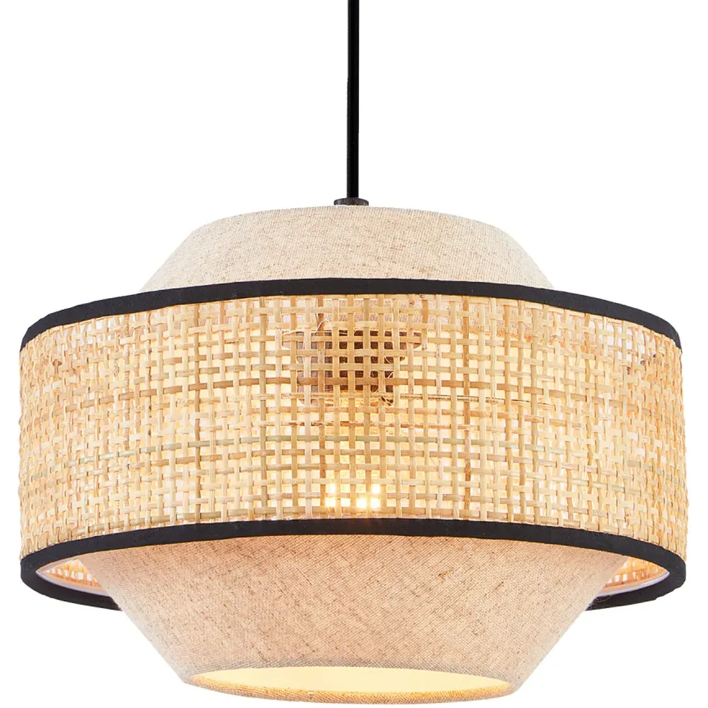 Natural Linen and Woven Rattan Pendant Ceiling Light - Brown