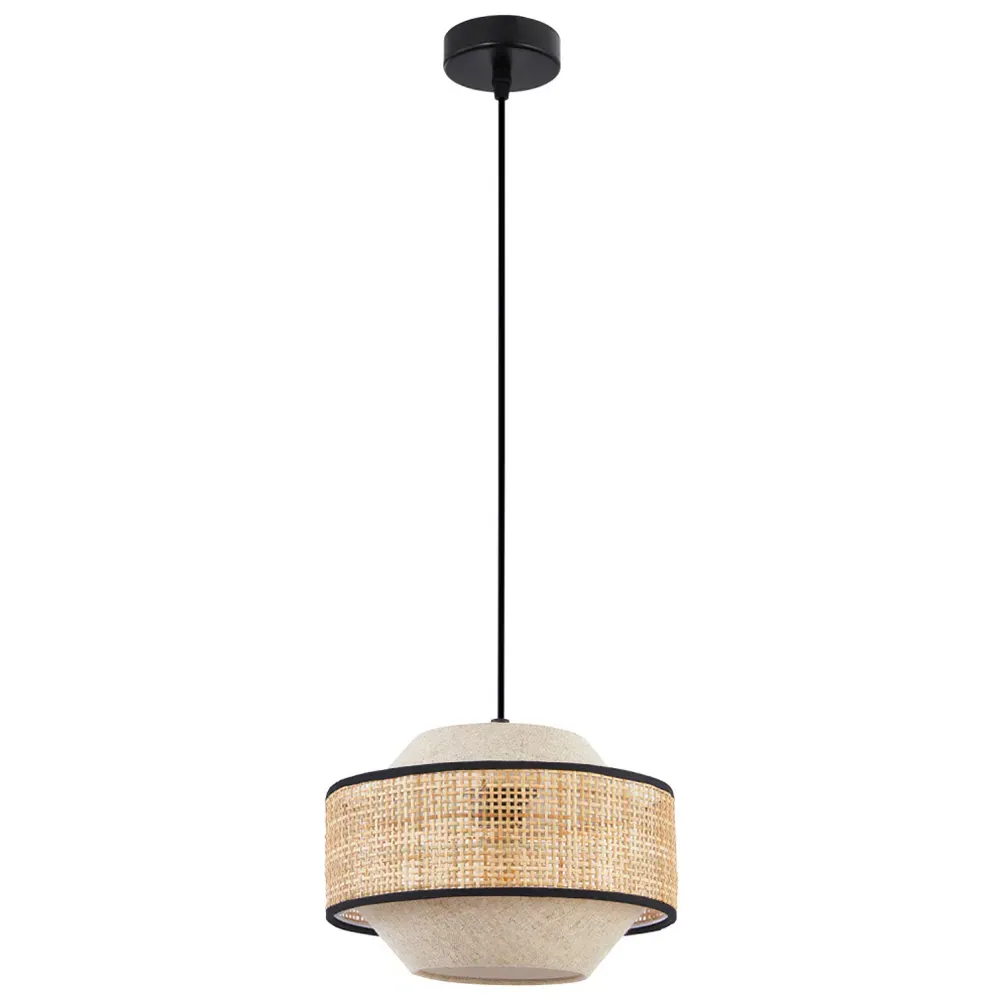 Natural Linen and Woven Rattan Pendant Ceiling Light - Brown image