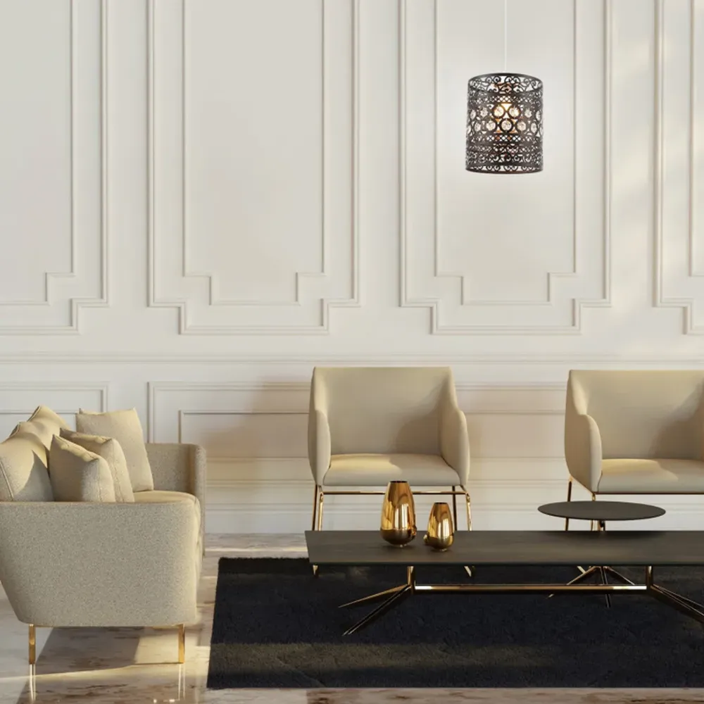 Ornate Metal Pendant Shade with Acrylic Droplets - Bronze