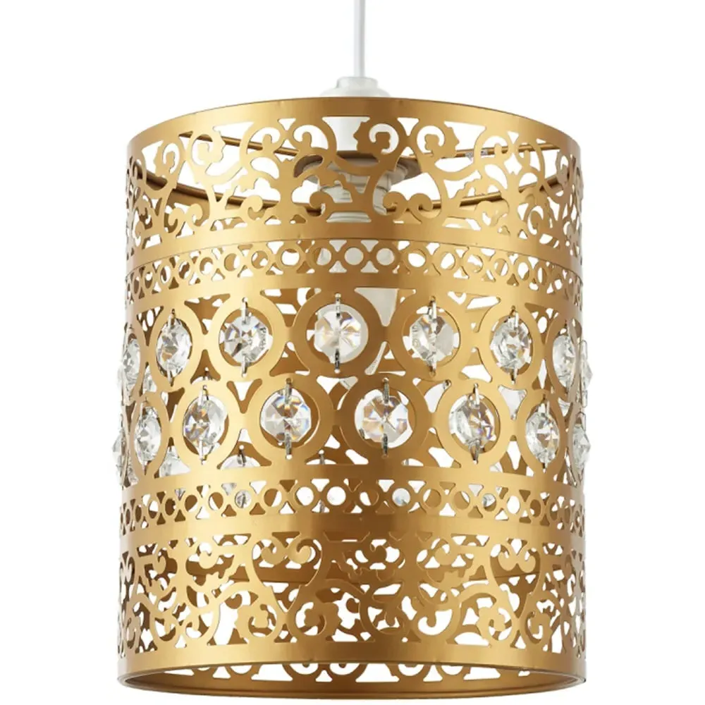 Ornate Metal Pendant Shade with Acrylic Droplets - Gold