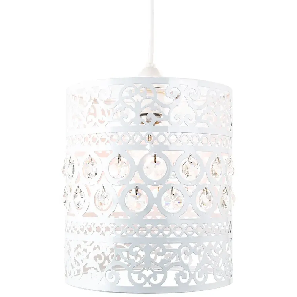 Ornate Pendant Shade with Acrylic Beads - White, Metal