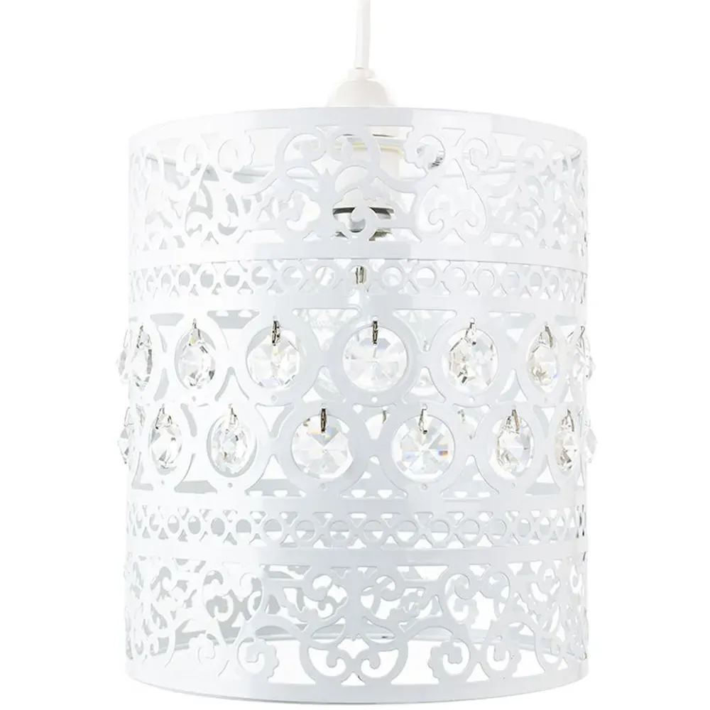 Ornate Pendant Shade with Acrylic Beads - White, Metal