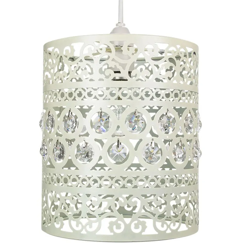 Ornate Pendant Shade with Acrylic Droplets - Cream, Metal