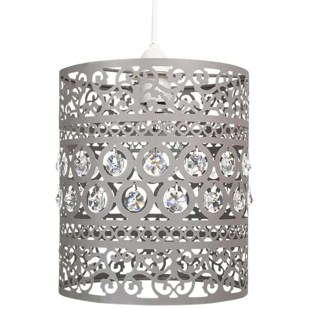 Ornate Pendant Shade with Acrylic Droplets - Grey, Metal image