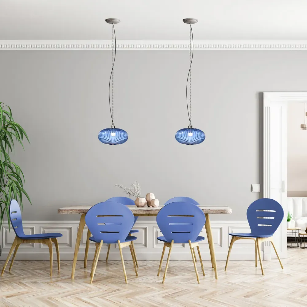 Oval Pendant Shade with Line Ribbed - Blue, Glass