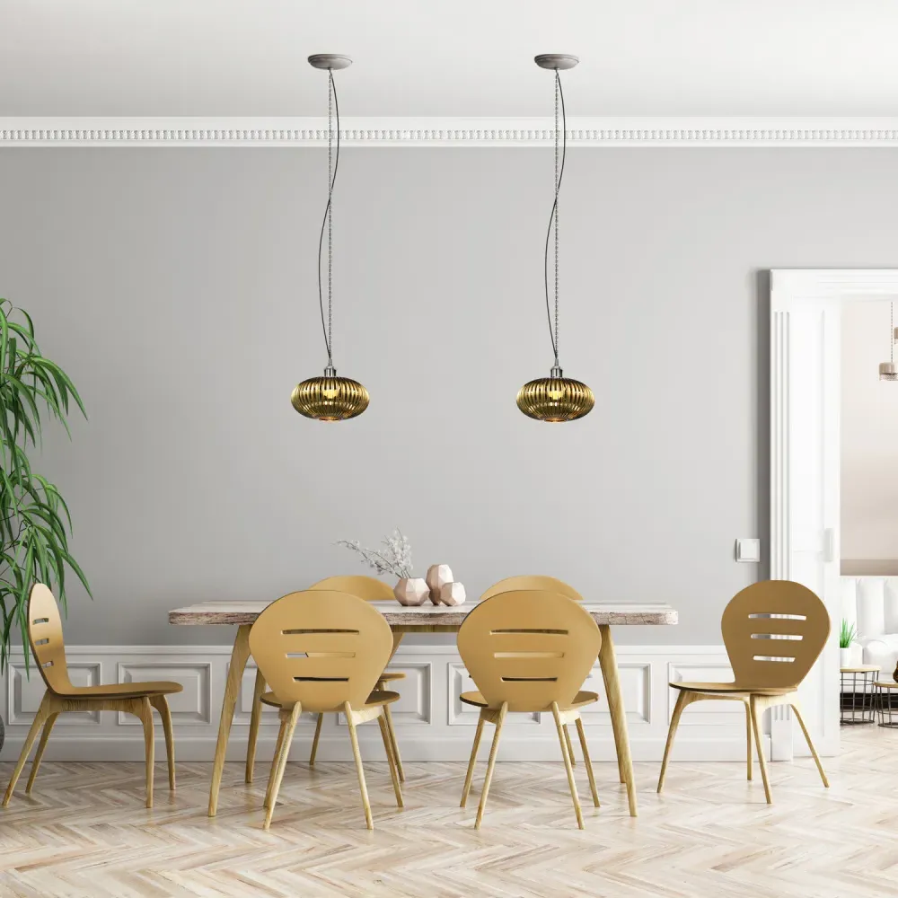 Oval Pendant Shade with Line Ribbed - Gold, Glass