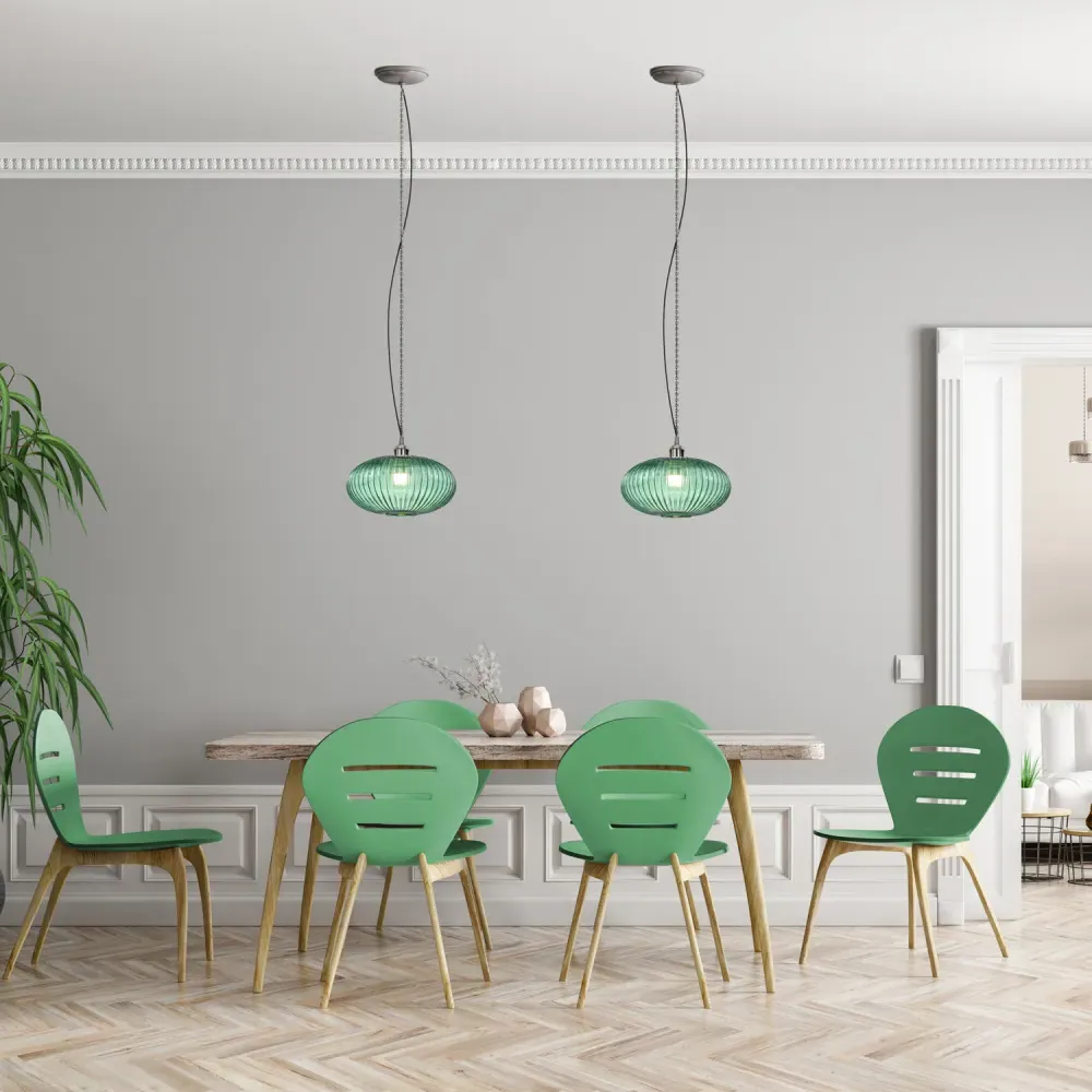 Oval Pendant Shade with Line Ribbed - Green, Glass