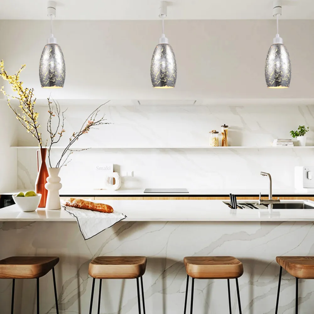 Rectangular Pendant Shade with Foil Print - Silver, Glass