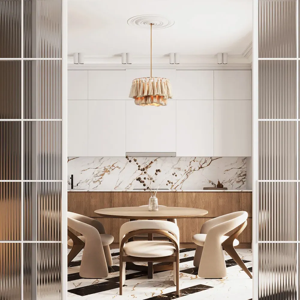 Rose Gold Frame Double Tier Cotton Tassels Pendant Shade - Grey