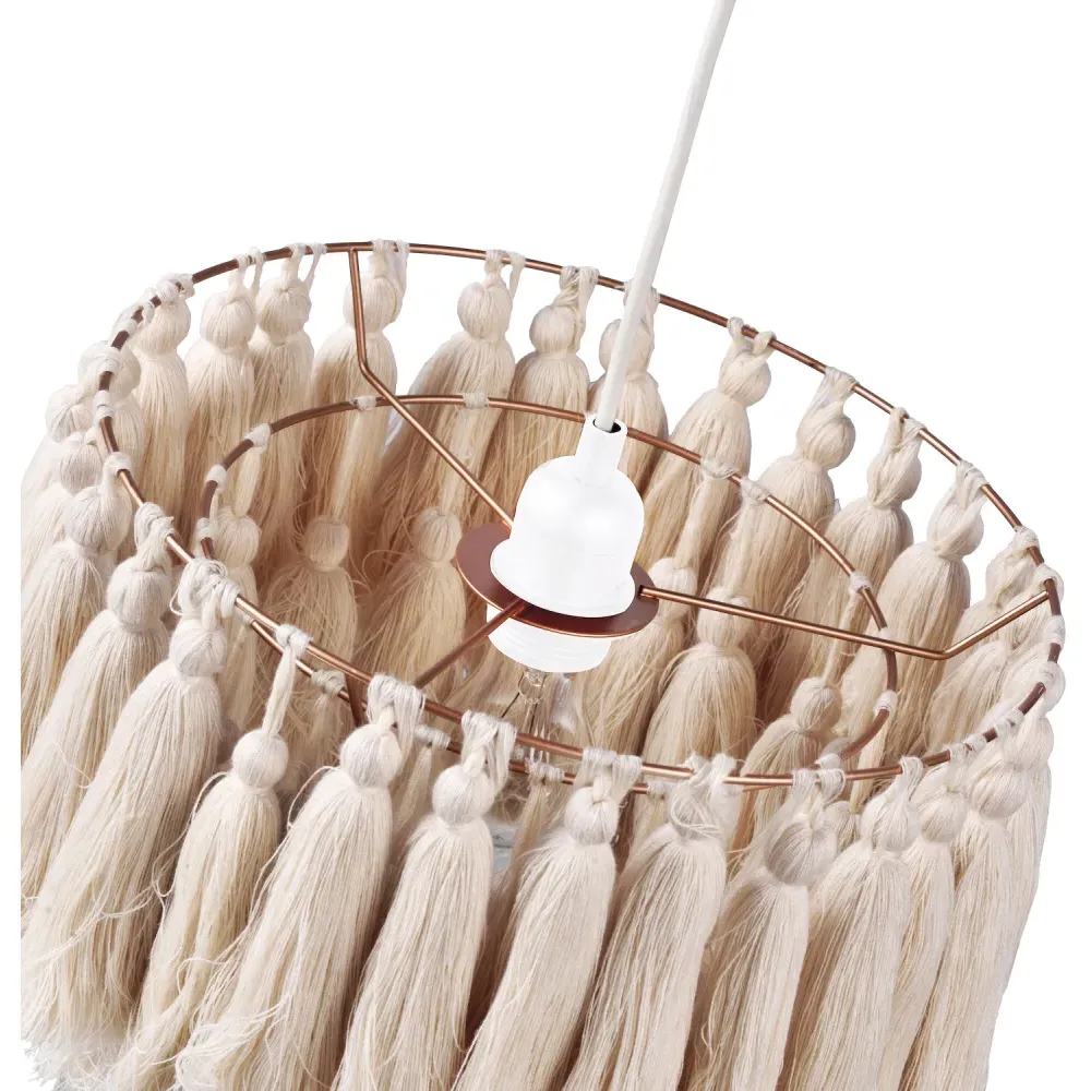 Rose Gold Frame Double Tier Cotton Tassels Pendant Shade - Grey