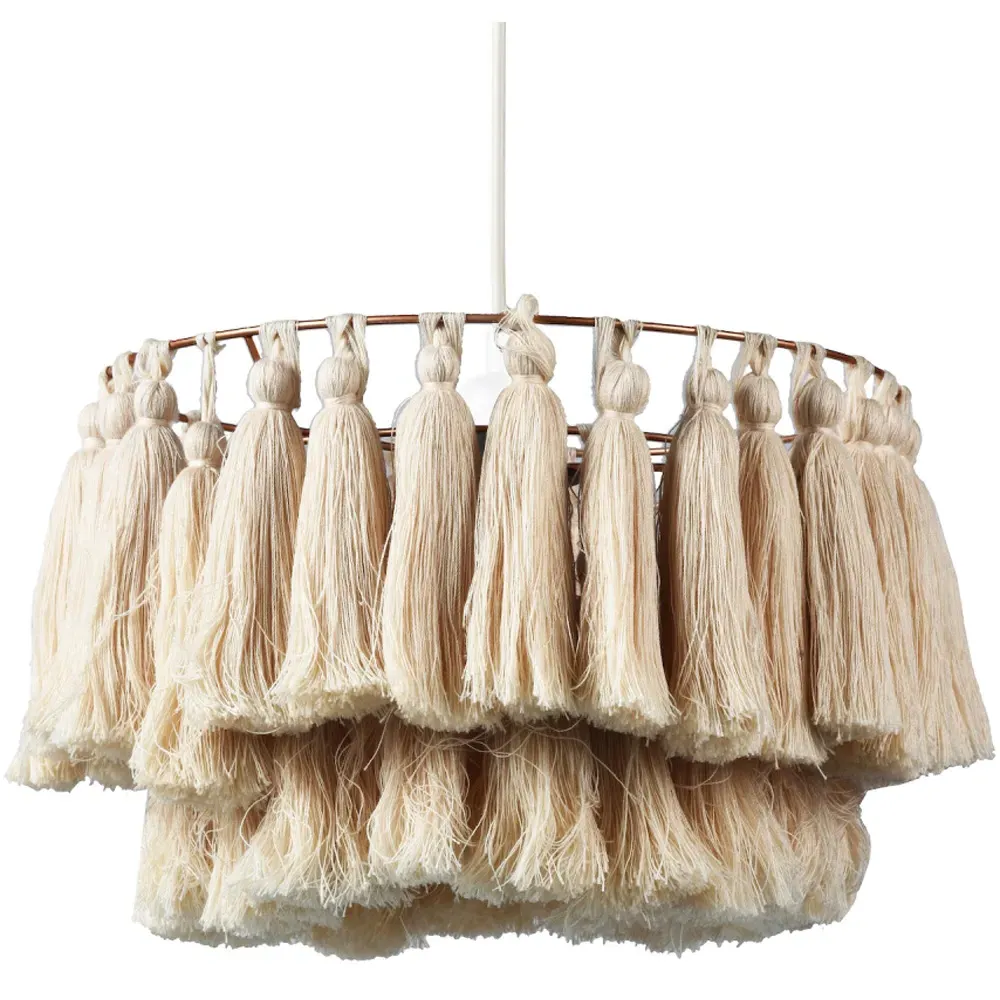 Rose Gold Frame Double Tier Cotton Tassels Pendant Shade - Grey image
