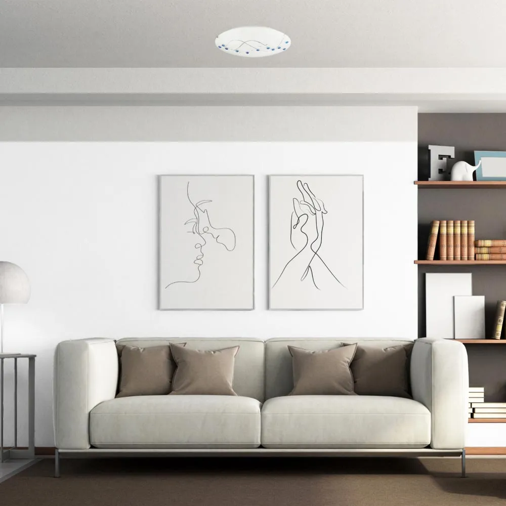 Round Opal Glass Ceiling Light with Blue Crystal Buttons - Blue