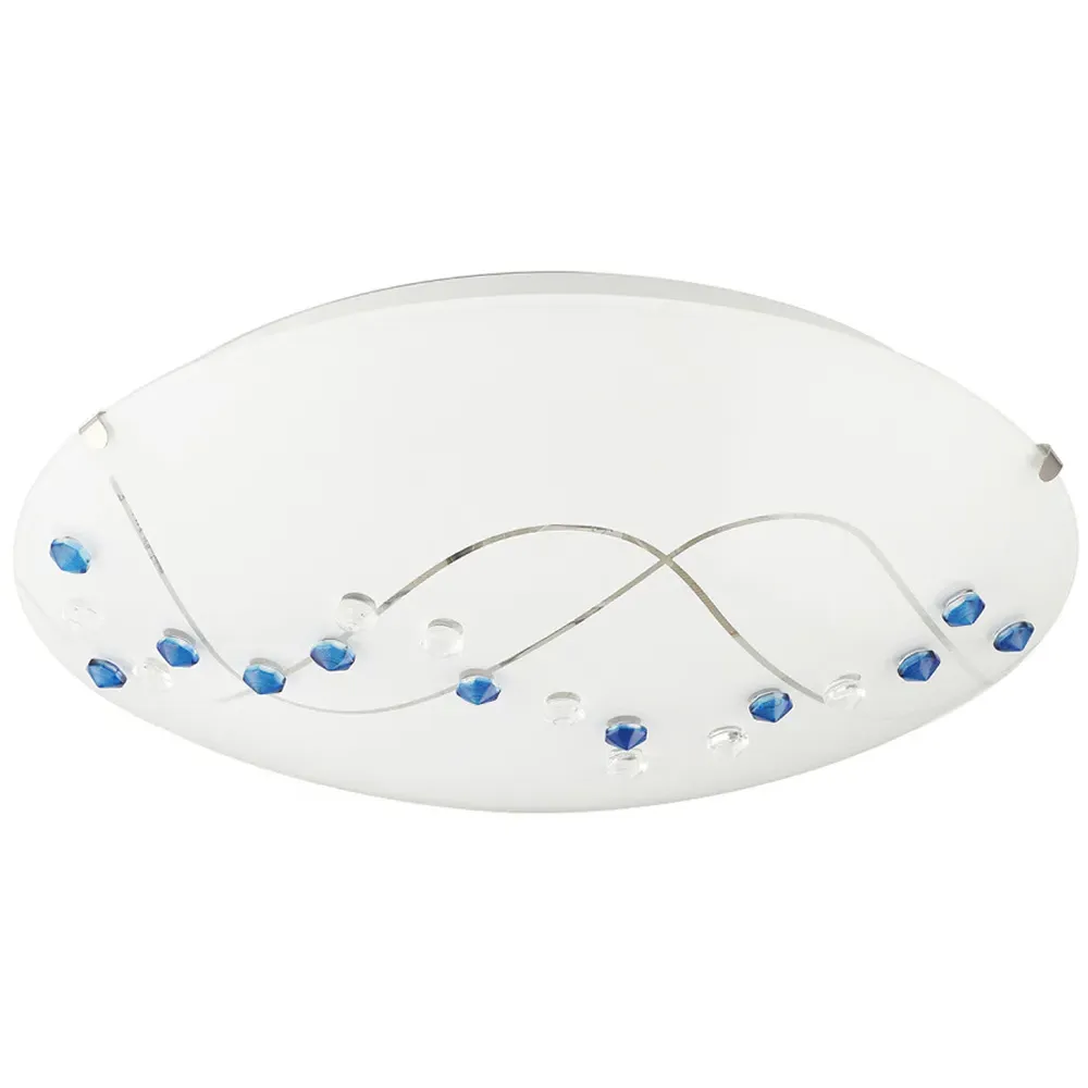 Round Opal Glass Ceiling Light with Blue Crystal Buttons - Blue