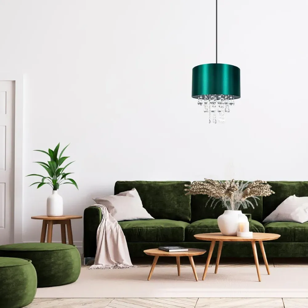 Satin Fabric Pendant Shade with Acrylic Droplets - Green