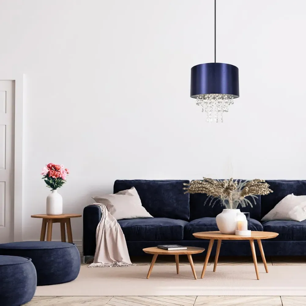 Satin Fabric Pendant Shade with Acrylic Droplets - Navy Blue