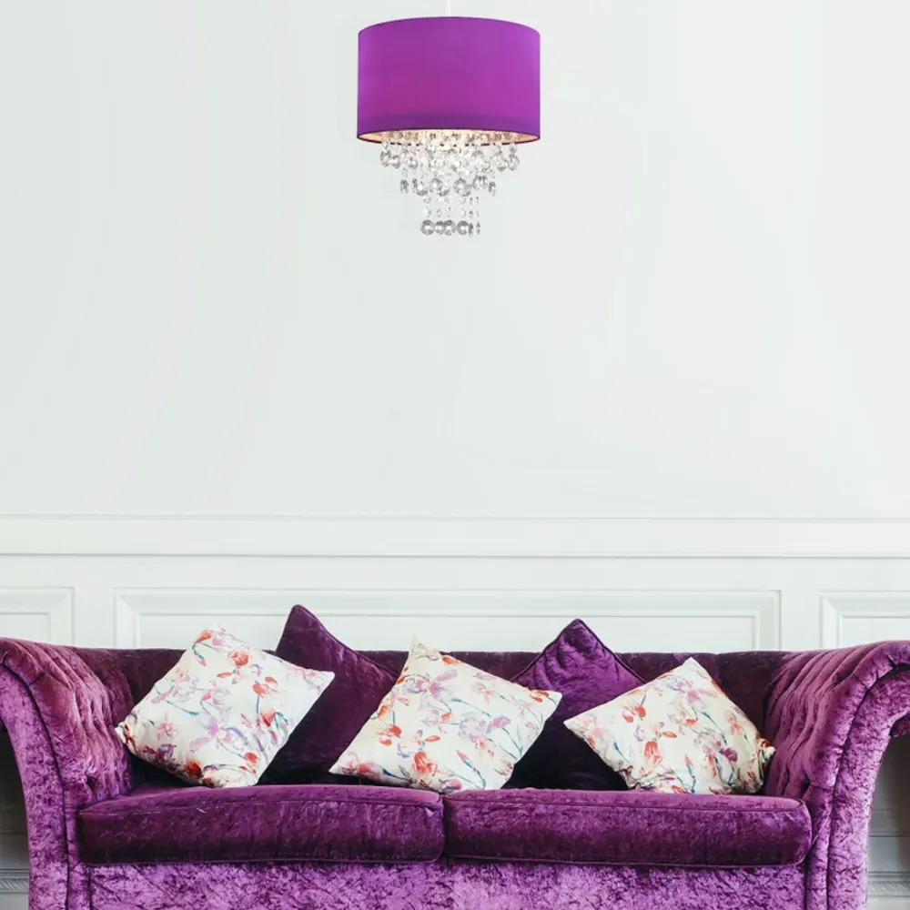 Satin Fabric Pendant Shade with Acrylic Droplets - Purple