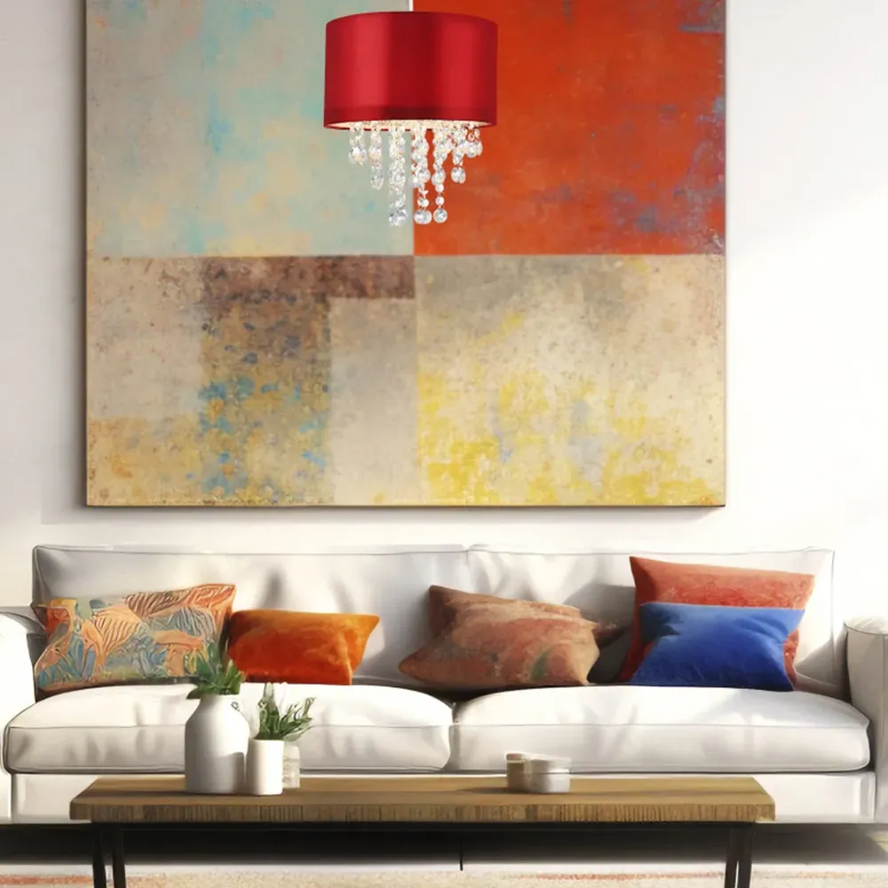 Satin Fabric Pendant Shade with Acrylic Droplets - Red